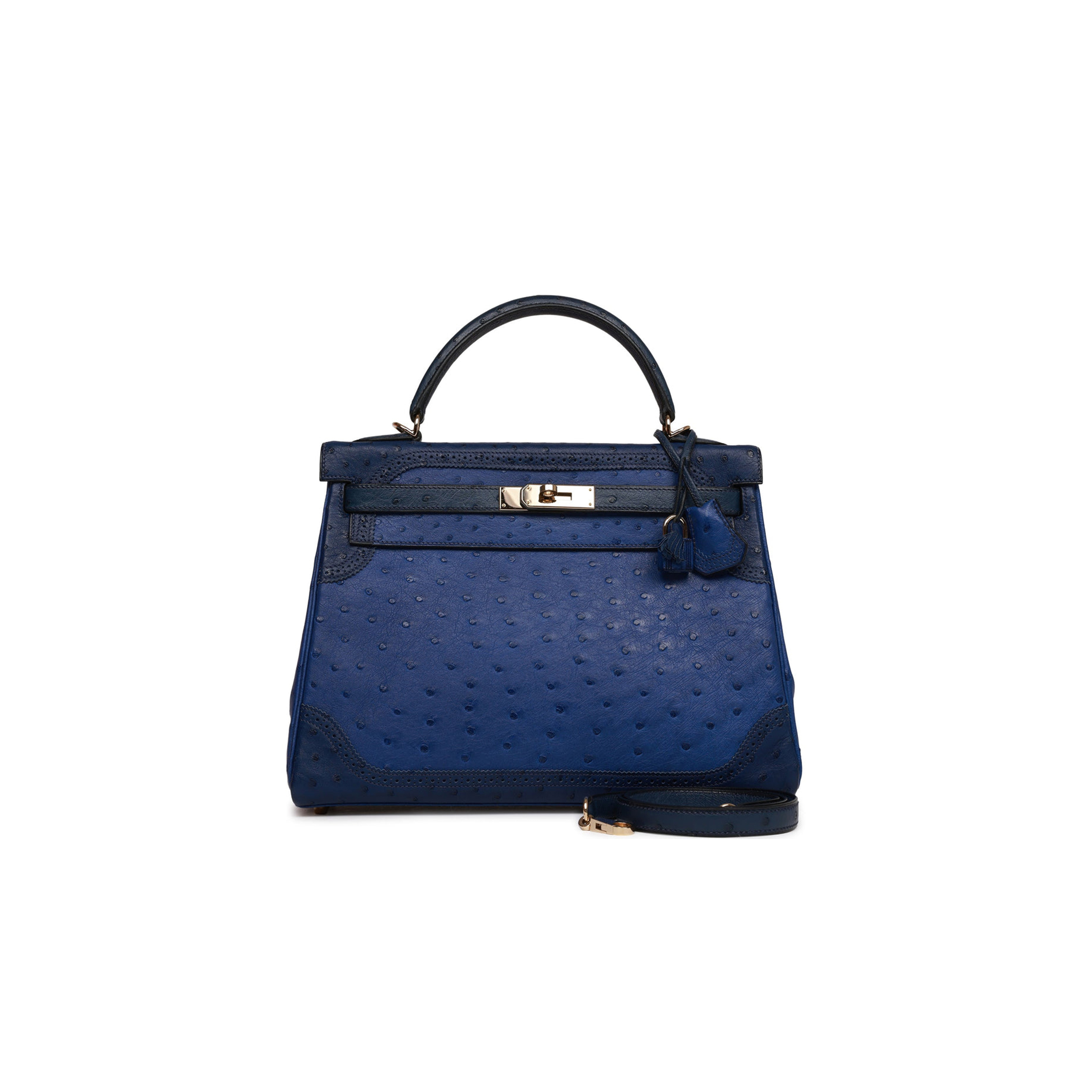 HERMES GHILLIES KELLY RETOURNE 32 BLEU SAPHIR, BLEU IRIS AND BLEU DE MALTE OSTRICH PERMABRASS HARDWARE (32cm) HERMES GHILLIES KELLY RETOURNE 32 BLEU SAPHIR, BLEU IRIS AND BLEU DE MALTE OSTRICH PERMABRASS HARDWARE (32cm)