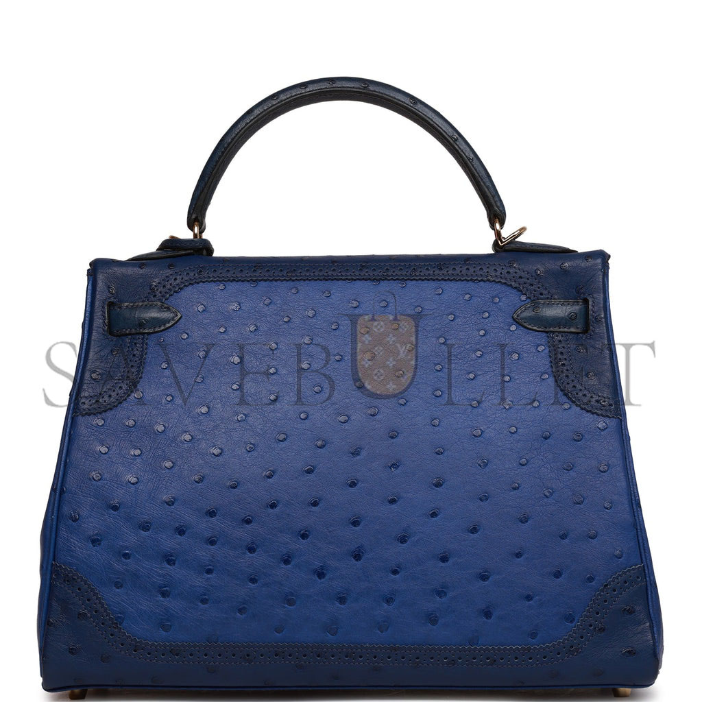 HERMES GHILLIES KELLY RETOURNE 32 BLEU SAPHIR, BLEU IRIS AND BLEU DE MALTE OSTRICH PERMABRASS HARDWARE (32cm) HERMES GHILLIES KELLY RETOURNE 32 BLEU SAPHIR, BLEU IRIS AND BLEU DE MALTE OSTRICH PERMABRASS HARDWARE (32cm)