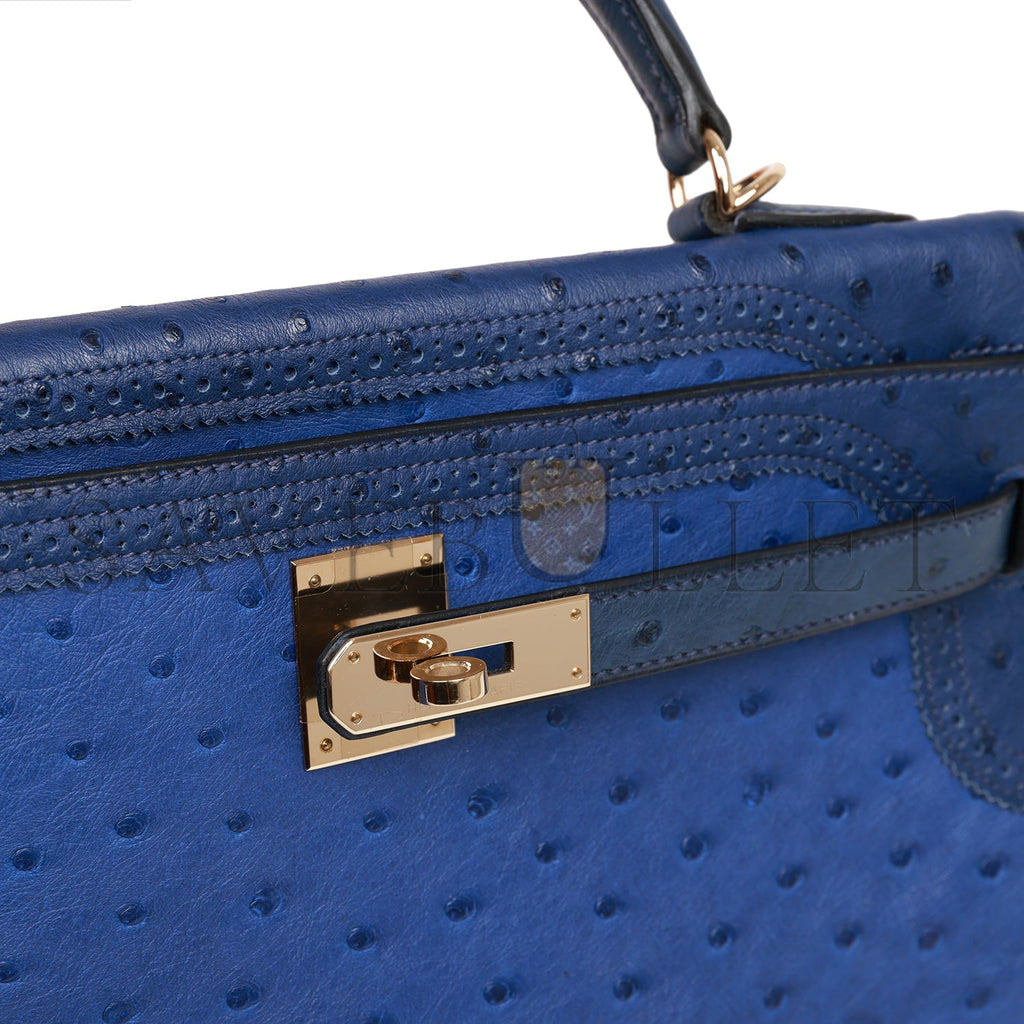 HERMES GHILLIES KELLY RETOURNE 32 BLEU SAPHIR, BLEU IRIS AND BLEU DE MALTE OSTRICH PERMABRASS HARDWARE (32cm) HERMES GHILLIES KELLY RETOURNE 32 BLEU SAPHIR, BLEU IRIS AND BLEU DE MALTE OSTRICH PERMABRASS HARDWARE (32cm)